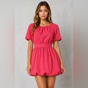 Versona pink puff sleeve cutout waist bubble hem mini dress elastic waist medium